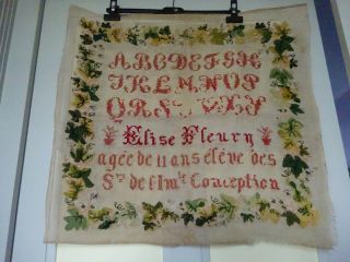Rare Antique 19th.  Cent French Religious Alphabet Embroided On Canvas 23 " X 21 "