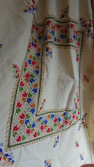 Cream Antique Table Tablecloth Vintage Square Heavily Decorated Embroidered Old