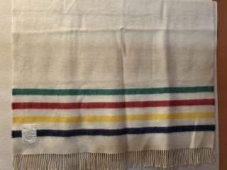 Vintage Hudsons Bay Company Caribou Striped Wool Throw Blanket Fringe England