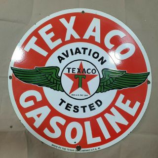 Texaco Aviation Gasoline Vintage Porcelain Sign 29 Inches Round