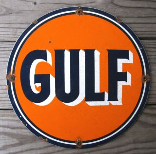 Gulf Gasoline Vintage Porcelain Enamel Gas Pump Oil Service Station Garage Sign