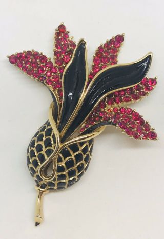 Huge Signed Vintage Trifari Alfred Philippe Ruby And Enameled Flower Pin