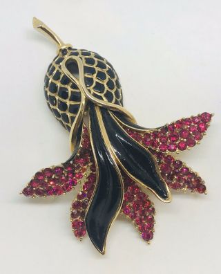 Huge Signed Vintage Trifari Alfred Philippe Ruby And Enameled Flower Pin 2