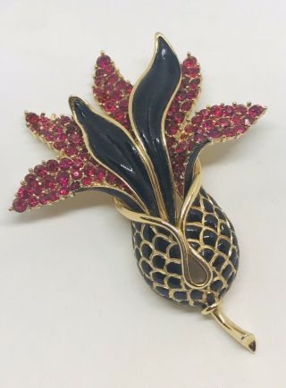 Huge Signed Vintage Trifari Alfred Philippe Ruby And Enameled Flower Pin 3