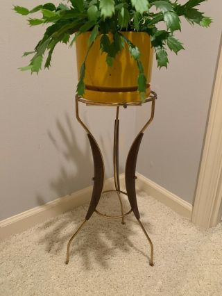 Vtg Mid Century Modern Wood Brass Color Plant Stand