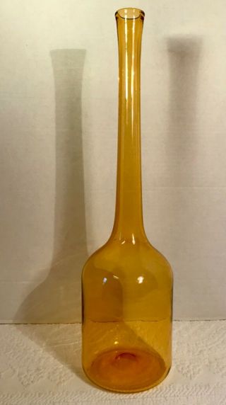 Large Mid Century Modern Blown Art Glass Amber Bottle Vase 17.  75 Inches High
