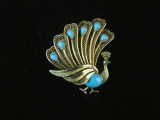 Vintage 14k Yellow Gold Filigree Persian Turquoise Peacock Brooch Pin