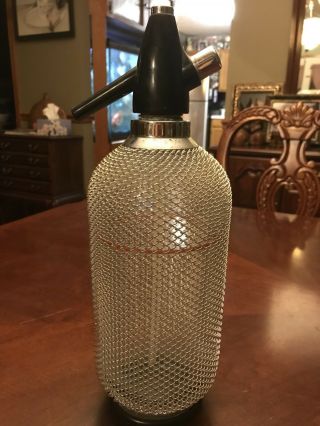 Vintage Seltzer Bottle / Soda Siphon Glass W Metal Wire Mesh Syphon Spritzer