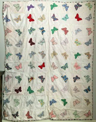 Vintage Tied Applique Butterfly Quilt In Feed Sack Fabrics