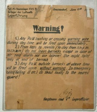 Very Rare Signed German Luftwaffe Pow Prisoner Of War Ww2 Wwii Warning Poster