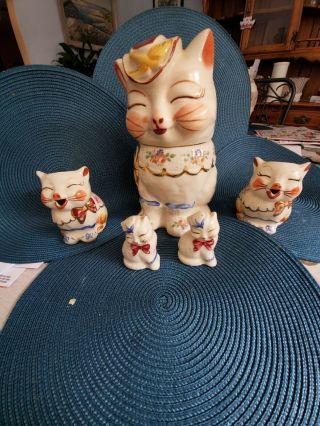Vintage Shawnee Puss N Boots Cat Cookie Jar,  2 Creamer,  Salt Pepper