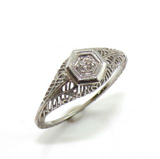 Vintage 18k White Gold Natural Diamond Raised Filigree Ring Size 6 Ldj4