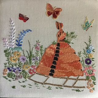Vintage Hand Embroidered Picture Panel Crinoline Lady & Butterflies
