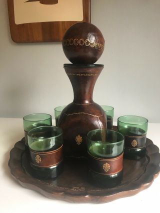 Vintage Mid Century Leather Wrapped Hand Blown Green Glass Wine Set Tray Italy