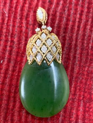 Estate 18kt Gold,  Diamonds & Green Jade Custom Vintage Pendant 13.  3 Grams