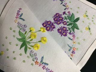 Vintage Linen Hand Embroidered Tray Cloth Pretty Primroses