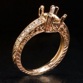 Art Deco Diamond Semi Mount Round Cushion Vintage Engagement Ring 14k Rose Gold