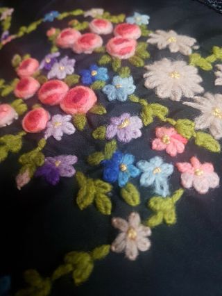 Antique Victorian Fringed Black Piano Shawl Floral Hand Embroidered Flowers