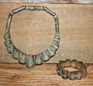 Vintage Mexican Sterling Silver Turquoise Necklace And Bracelet Set Marked Nf