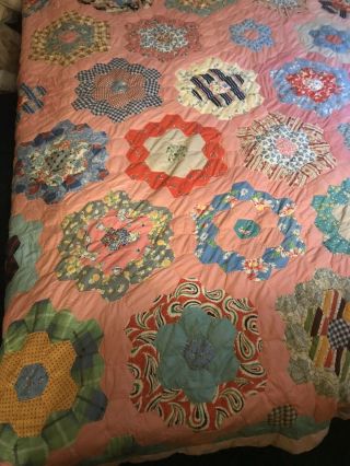 Vintage Hand Stitched Grandmothers Flower Garden Quilt.  Feed Sacks 80 " X 84 "