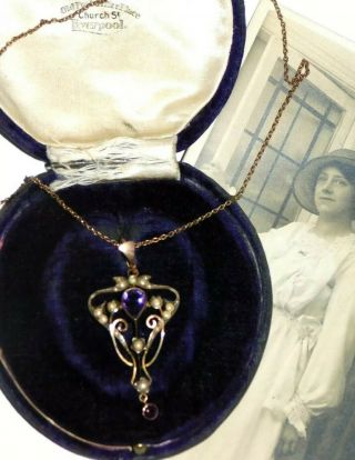 Antique Art Nouveau 9ct Gold Amethyst Seed Pearl Pendant Chain Lavalier Necklace