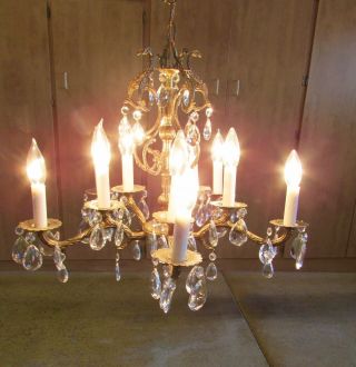 Vintage Antique Mid Century Ornate Brass & Crystal Chandelier 10 Light