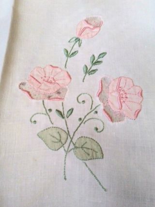 Set Of 2 Pink Rose Madeira Applique & Embroidered Linen Hand Towels 17x11 "