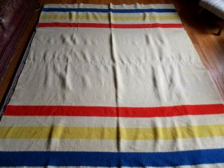 Vintage Antique Orrlaskan Blue Red Yellow Stripe All Wool Blanket 70 X 86