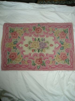 Vintage Shabby Cottage Chic Pastel Floral Flowers Wool Hooked Rug 20 " X 30 "