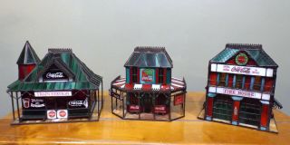 3 Franklin Coca - Cola Stained Glass Lighted Houses Victorian,  Fire,  Train