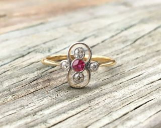 Antique 18k Gold Diamond And Ruby Cocktail Ring,  Dress Ring,  Dinner Ring