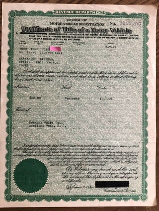 1924 Ford Model T Touring Certificate Of Title North Carolina Reg Historic Only