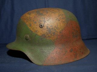 Ww2 German M - 42 Helmet.  3 Color Camouflage.  Named.  Size 66.  Liner.