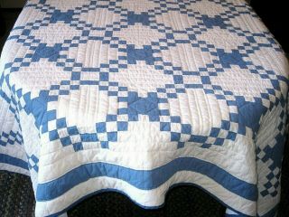 Vintage Irish Chain Blue & White Cotton Patchwork Block Quilt Size 88 " X 77 "