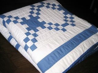 Vintage IRISH CHAIN Blue & White Cotton Patchwork Block Quilt Size 88 
