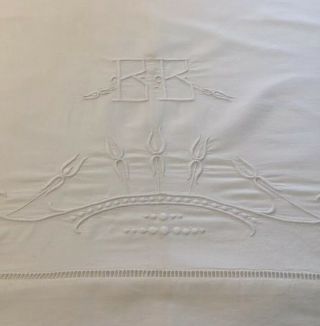 Exquisite Vintage French Pure Linen Sheet,  Hand Embroidered & Monogrammed.  Large