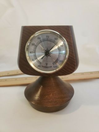 Vintage Mcm Walnut Rotating Desktop Weather Station Thermometer Barometer