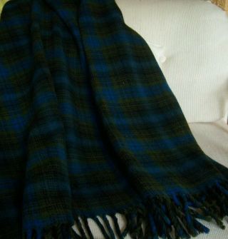 Vintage Pendleton 100 Virgin Wool Throw Blanket Blue & Green Plaid W Fringe Exc