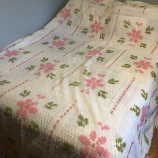 Vintage Chenille Bedspread Blanket White Pink Flowers Full Bed Spread Bedding