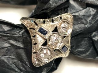 Antique 20k White Gold Old European Cut 3 Diamond & 2 Sapphire Cocktail Ring