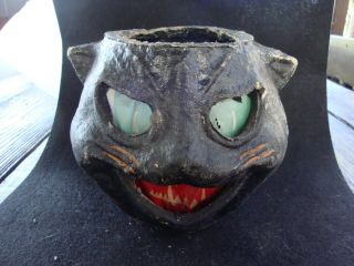 Vintage Paper Mache Black Cat Jack - O - Lantern With Insert 5 " Tall Halloween