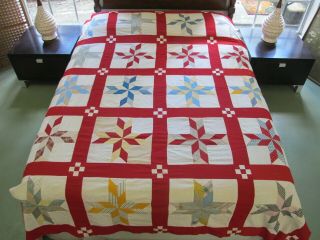 Vintage Hand Pieced Feed Sack Spinning Star Quilt Top; Turkey Red Borders; Full