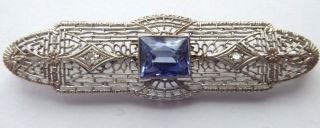Antique Art Deco Filigree 14k White Gold Diamond Sapphire Bar Pin,  4.  6g,  2 1/8 "