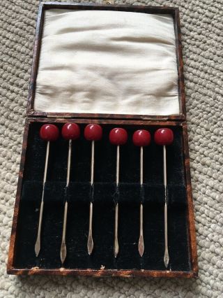 Boxed Set Of 6 Art Deco Epns Silver Plate And Cherry Bakelite Cocktail Sticks