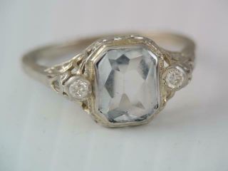 Art Deco Solid 10k White Gold Filigree European Cut Diamond & Aquamarine Ring
