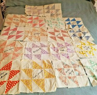 17 1930 Quilt Blocks Cotton Fabric Feed Sack 10 " Square Hand Stitched Autograph