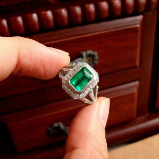 Vintage Retro Engagement Wedding Ring Art Deco 14k White Gold 3 Ct Green Emerald
