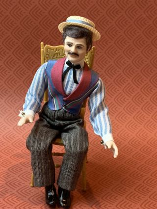 Vintage Miniature Dollhouse Artisan Porcelain Doll Male Saloon Card Dealer Bar
