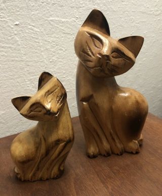 Vintage Mid Century Modern Siamese Cats Wood Sculptures - Cat And Kitten