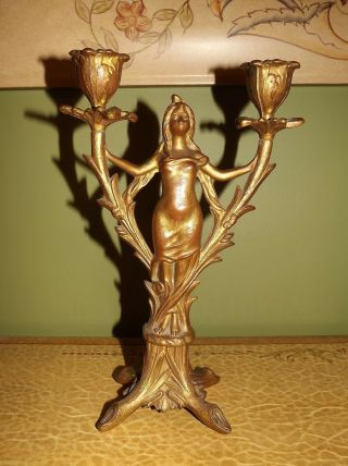 Antique Art Nouveau Metal Lady Double Candlestick